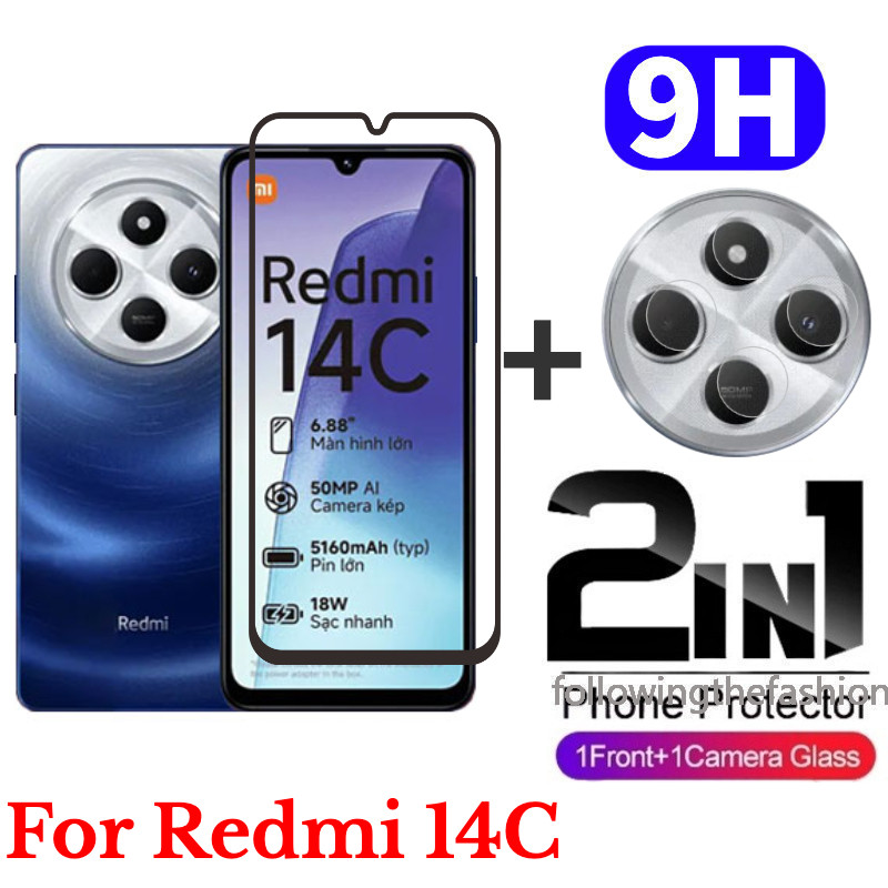 2 in 1 ป้องกันหน้าจอสําหรับ Redmi 14C Redmi14 C 4G 2024 Full Coverage HD กระจกนิรภัยป้องกันหน้าจอโทรศัพท์ฟิล์มด้านหน้ากล้องกลับฟิล์ม