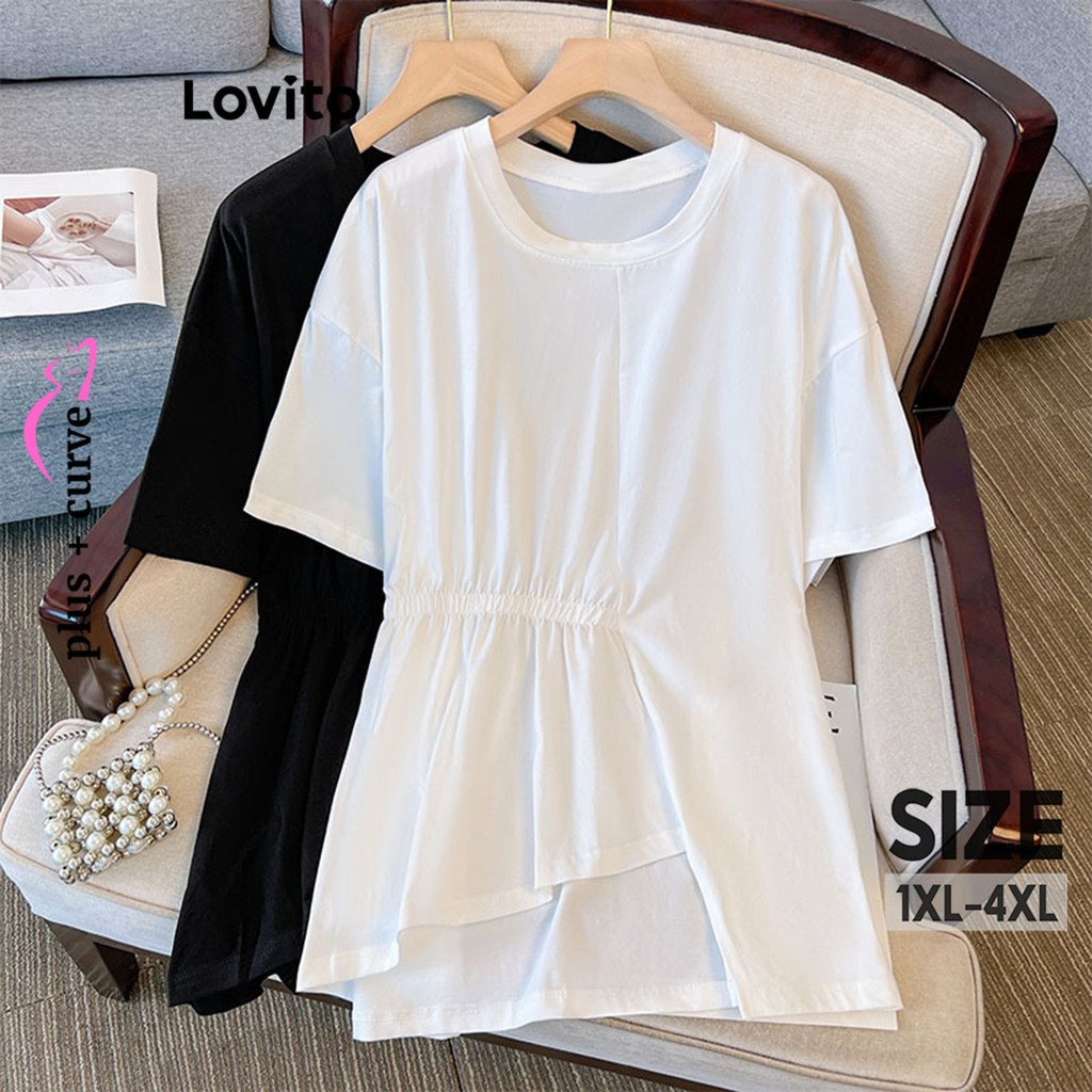 Lovito พลัสขนาดโค้งสบาย ๆ เสื้อยืดธรรมดาไม่สมมาตรสำหรับผู้หญิง LNL79049