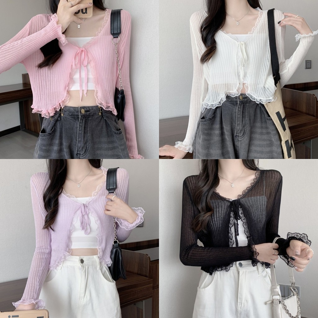 💜Bonnie💜เสื้อคลุมซีทรู แขนยาว ไหมพรมลายลูกไม้ดีเทลผูกเชือกได้ สไตล์เกาหลี หลากสี ส่งไวจากไทย