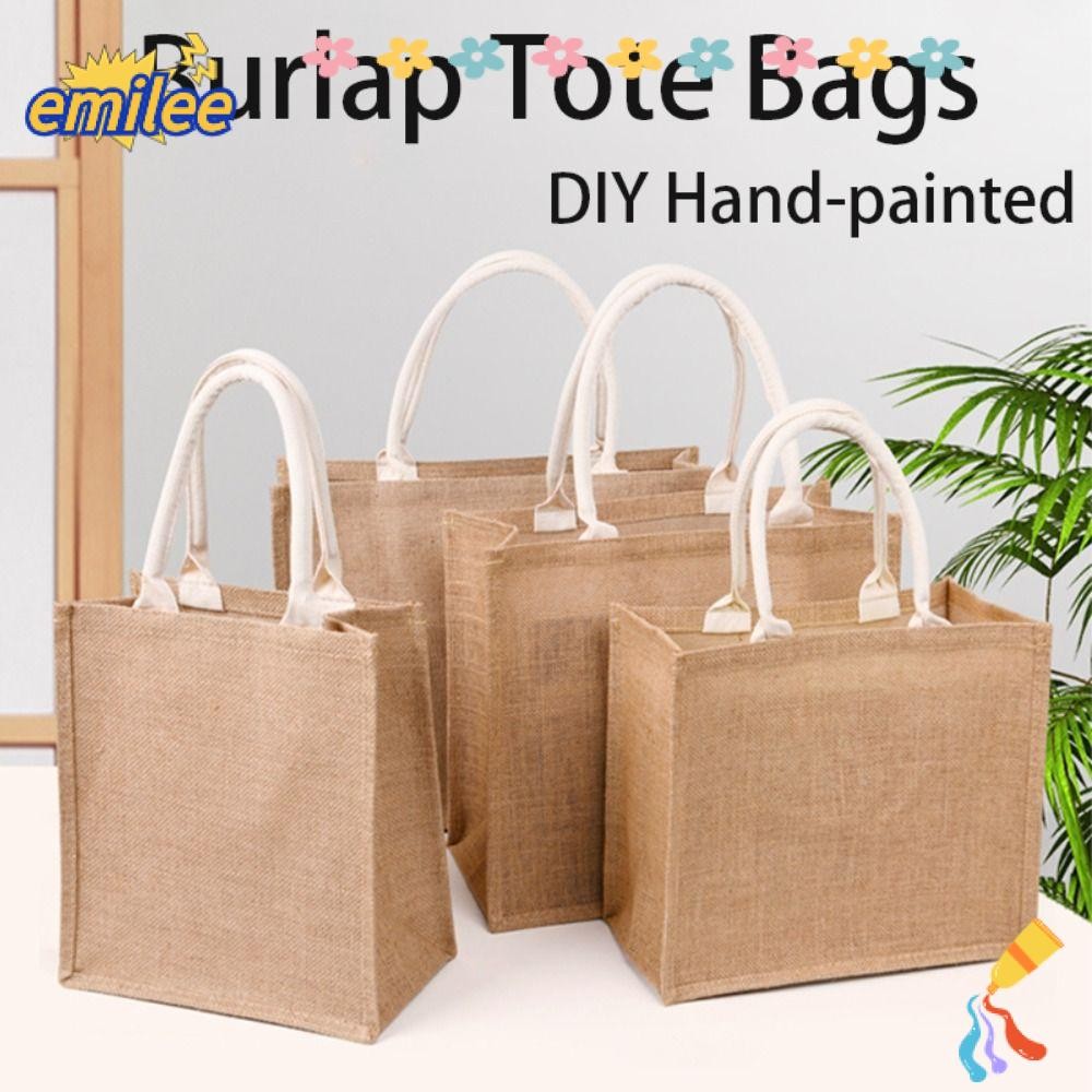 Emilee ผู้หญิงผ้าลินินกระเป๋า, ปอกระเจาเลียนแบบกระสอบ Burlap Tote กระเป๋า, Hand-painted Vintage แบบพกพาถุงช้อปปิ้งผู้หญิง