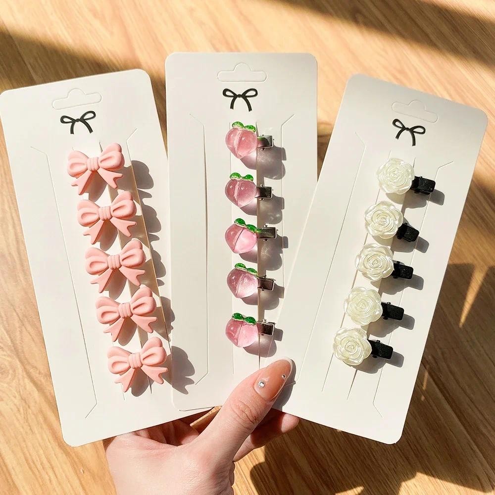 5 ชิ้น/เซ็ตน่ารักสีชมพู Mini Bows กิ๊บติดผมสําหรับสาวน่ารักหัวใจ Hairpins การ์ตูนดอกไม้ Handmade Headwear เด็กอุปกรณ์เสริมผม