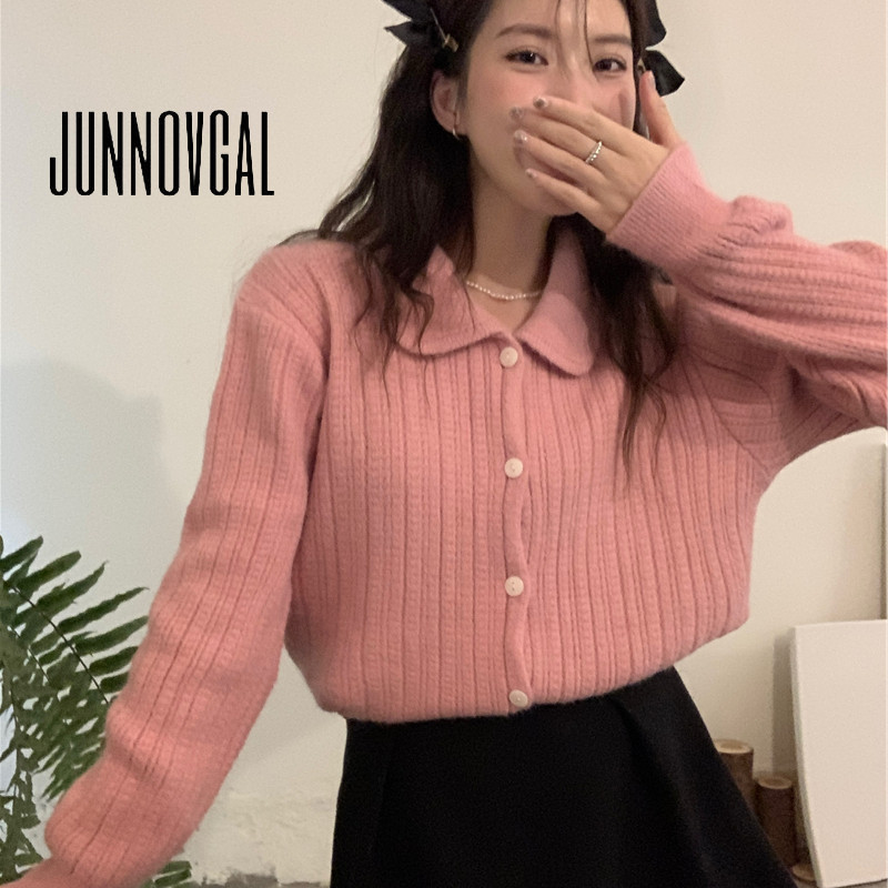 Junnovgal คาร์ดิแกนผู้หญิง All Match Knit Loose Fit Collar 2024 แขนยาวสไตล์ใหม่