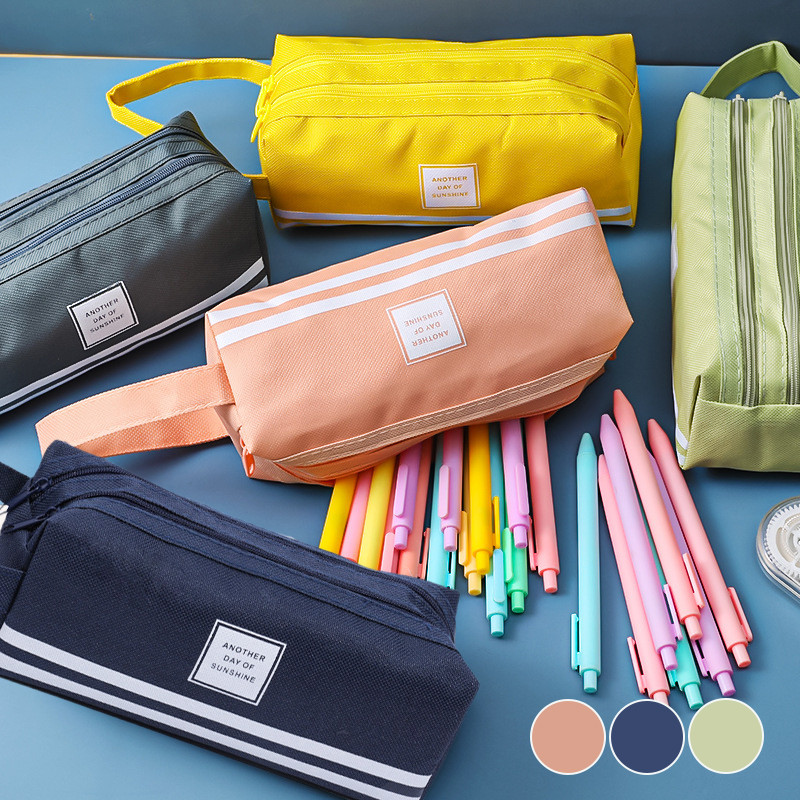 pencil case กระเป๋าใส่เครื่องเขียน สีเขียว / ชมพู กระเป๋าดินสอ ผ้าแคนวาส ใบใหญ่ สองชั้น สีพื้น