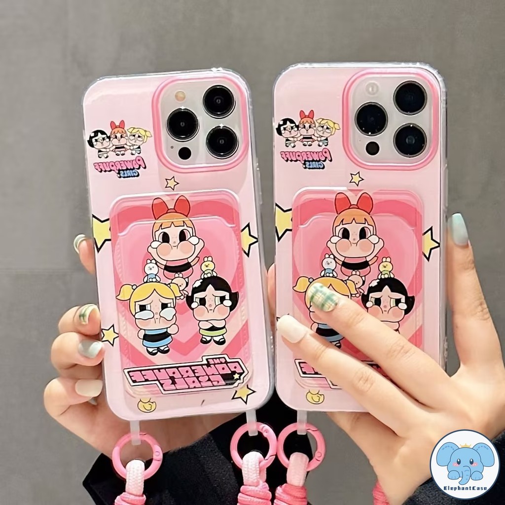 Powerpuff Girls การ์ตูนคล้องบัตรกระเป๋าสตางค์เข้ากันได้กับเคสไอโฟน 11 15 13 14 12 Pro Max 7 15 8 14 Plus XR X XS Max