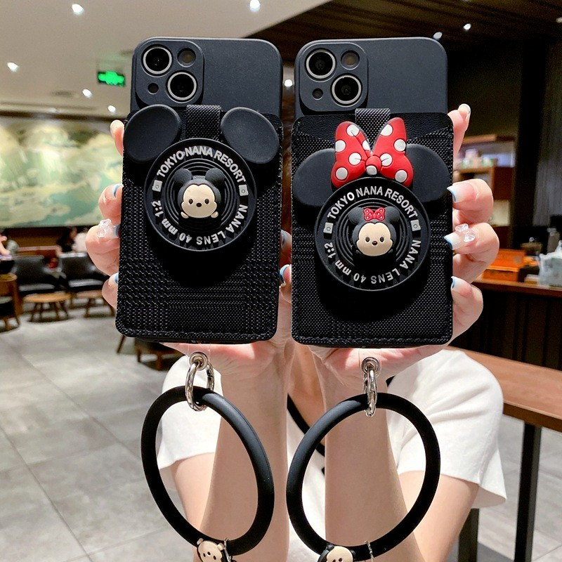 ปลอกสําหรับ iPhone 16 15 14 Pro Max 13 12 mini 6S 6 7 8 Plus 11 Pro X XR XS Max se 2020 สนุก Minnie Mouse Card กระเป๋า + สร้อยข้อมือเคสโทรศัพท์