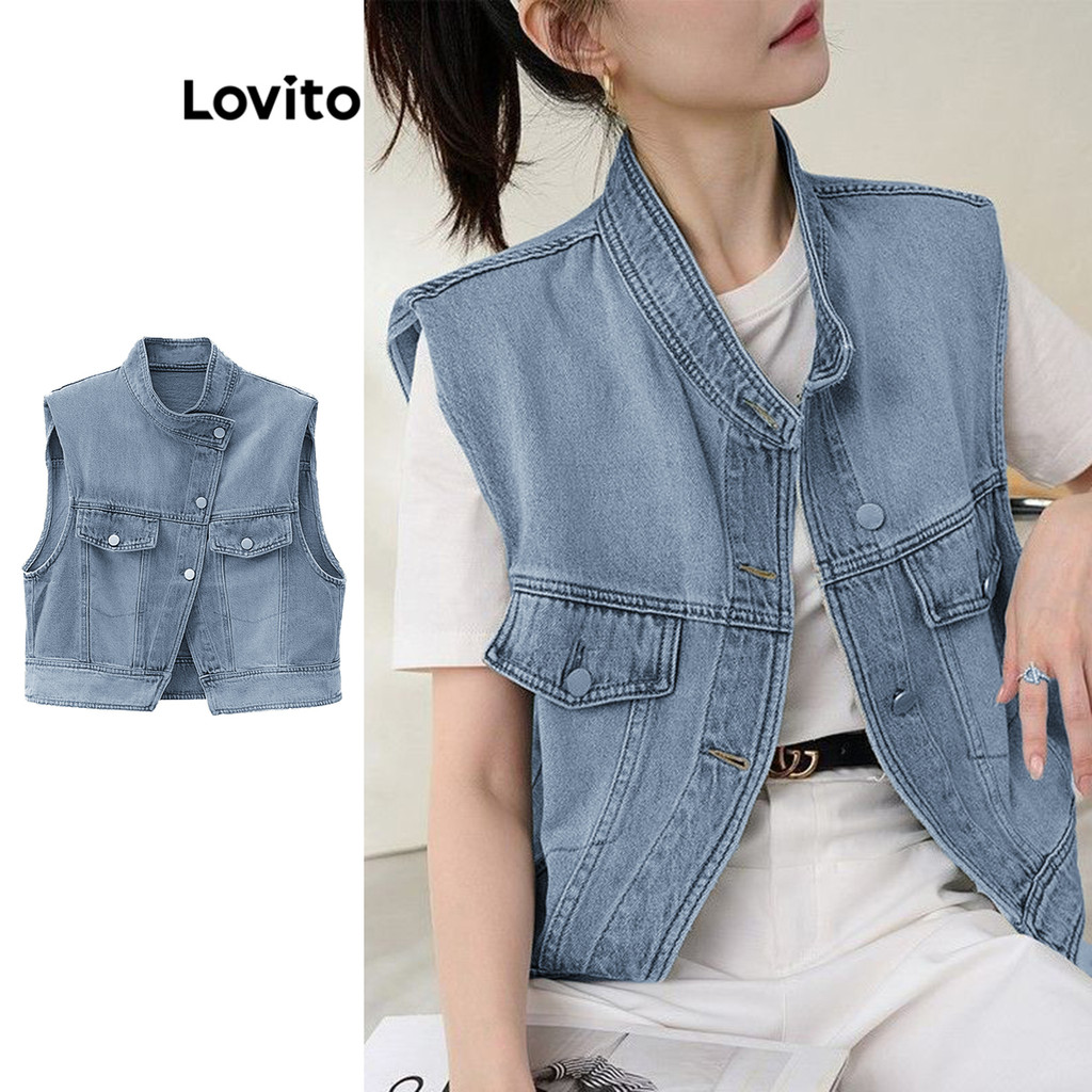 Lovito เสื้อยีนส์ฟอกกระเป๋าธรรมดาสำหรับผู้หญิง LNE73513