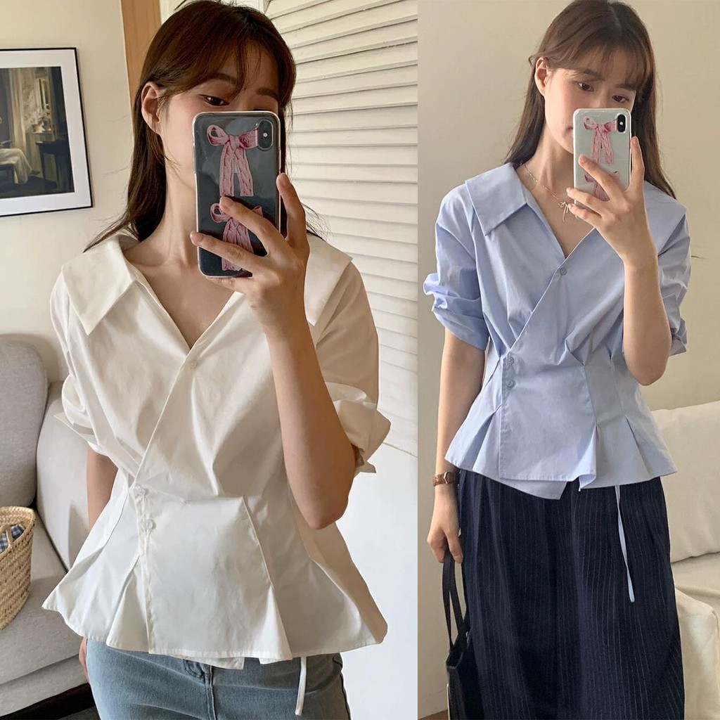 Lune_Grace เสื้อเชิ้ตแขนสามส่วน ดีเทลจีบตรงเอว ไขว้หน้า แฟชั่นผู้หญิงสไตยุโรป -พร้อมส่งจากไทย- รุ่นw442