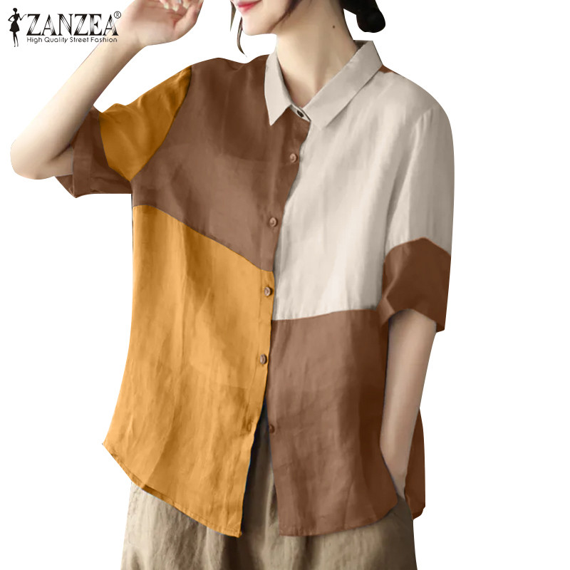 Zanzea เสื้อเชิ้ตแขนสั้นสีตัดกันแฟชั่นเกาหลีสําหรับผู้หญิง