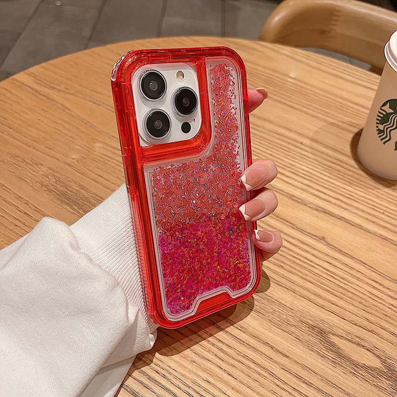 2 in 1 Clear Glitter สําหรับ IPhone 16 15 14 13 12 11 Pro Max 7 8 Plus XSMAX XR XS 12 13 Mini Glossy Anti Collision ถุงลมนิรภัย Arcylic Shock Proof เคสโทรศัพท์