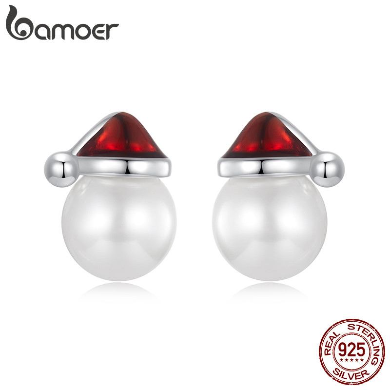 Bamoer 925 เงินสเตอร์ลิง Sliver ต่างหูสตั๊ดหมวกคริสต์มาสของขวัญเครื่องประดับมุกสําหรับผู้หญิง