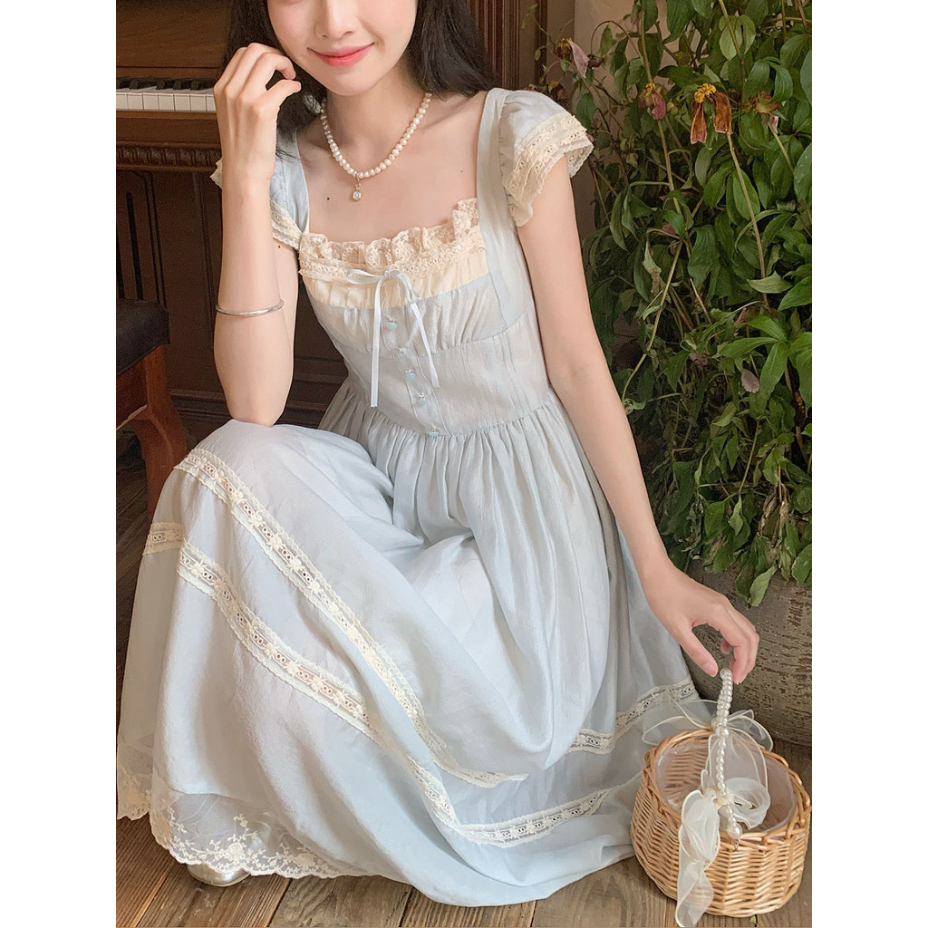 ฝรั่งเศสย้อนยุคนางฟ้าบินแขนลูกไม้ตัดโบว์สีฟ้าชุดนักเรียนหญิงแคบ-เอว ก-เส้น กระโปรง