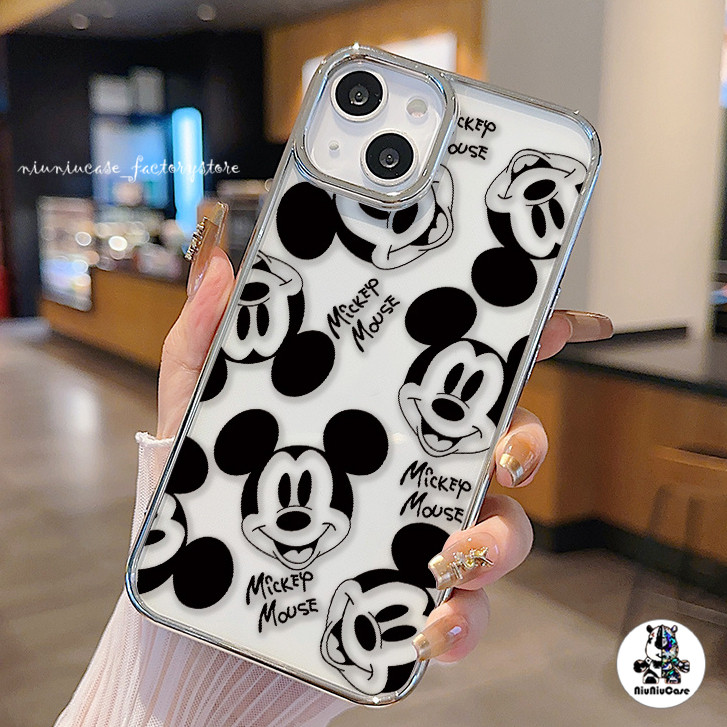 เคสไอโฟน11 Cartoon Mickey Mouse อินเทรนด์หรูหราชุบเลนส์กรอบสําหรับ For iPhone 11 12 13 14 15 Pro X 7Plus XR XS Max SEเคส