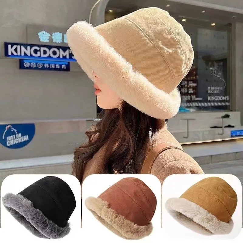 Fluffy Fur หมวกปานามาสําหรับผู้หญิงฤดูหนาวหนา Plush หมวกสีทึบหมวกชาวประมง Windproof Warm Girls Bonnet