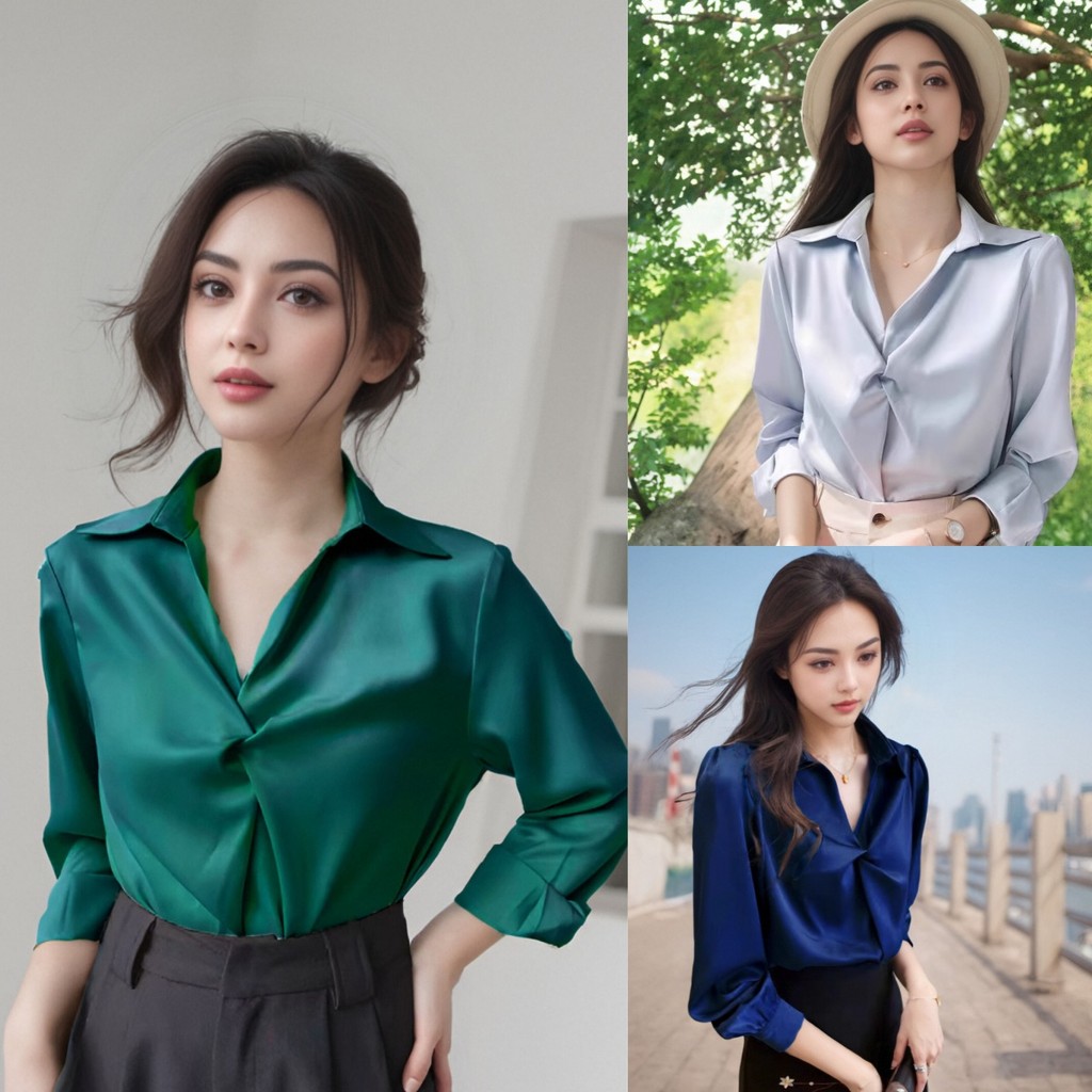 เสื้อเชิ้ตคอปกแฟชั่นผู้หญิงเนื้อผ้าซาตินเงาพร้อมส่ง สวยพริ้วและใส่สบาย เหมาะกับทุกวัน