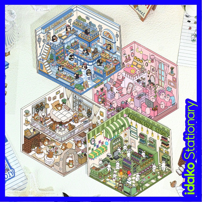 Idako 3D สติกเกอร์ Miniature ภูมิทัศน์สติกเกอร์น่ารักการ์ตูนคู่มือ diy ฉากตกแต่ง Cuckoo การ์ดวัสดุสต