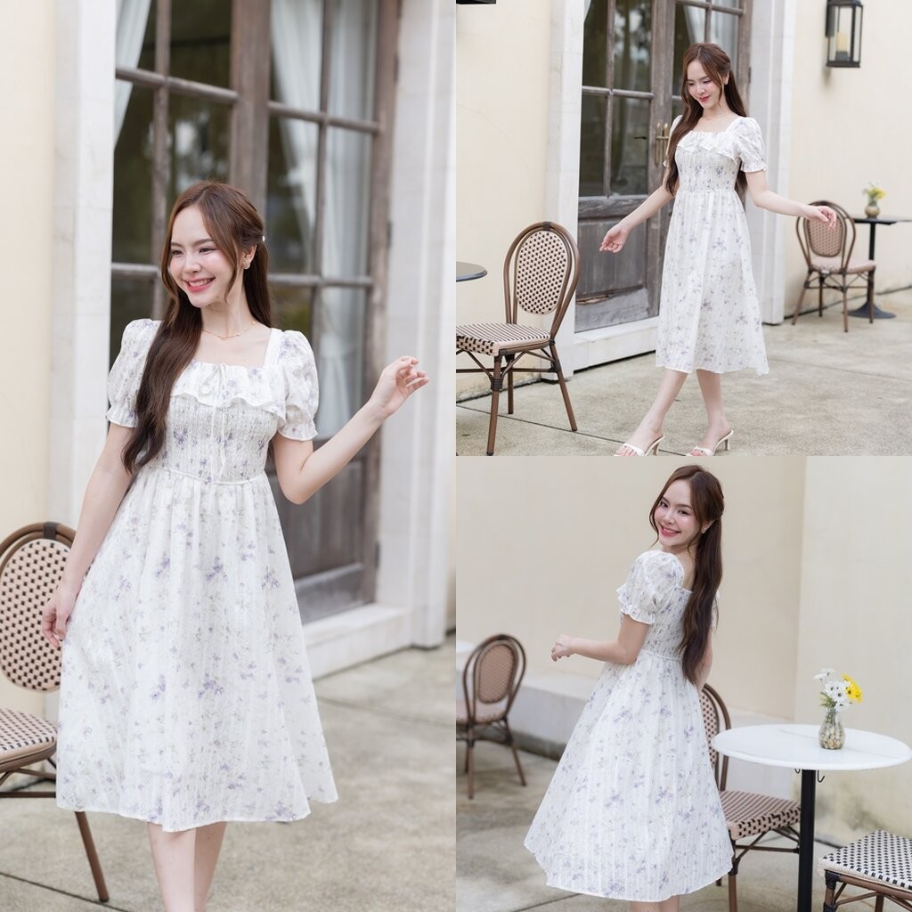 Florence Vintage Dress : ลายดอกไม้สีม่วง