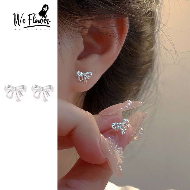 เราดอกไม้น่ารัก S925 เงินริบบิ้นโบว์สตั๊ดต่างหูผู้หญิงสาว Hypoallergenic Bowknot หู Studs เครื่องประดับอุปกรณ์เสริม