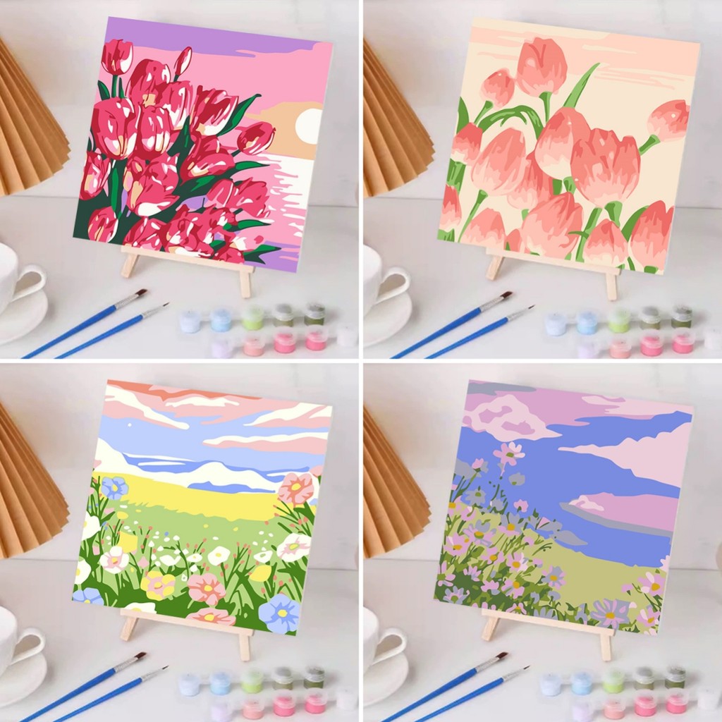 จิตรกรรมดิจิตอล DIY 20*20ซม. Paint by Numbers การวาดภาพดอกไม้ ระบายสีตามเลข การทำสมาธิ ของขวัญ