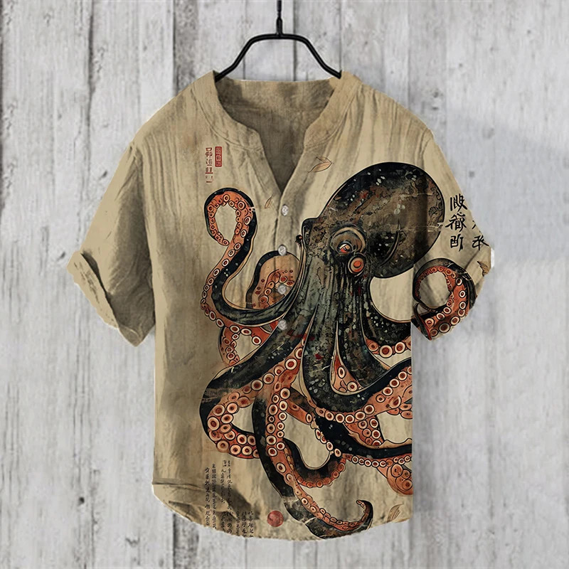 เสื้อเชิ้ตผู้ชาย เฮนรี่ - เสื้อยืดเสื้อผ้าพิมพ์ปลาหมึก