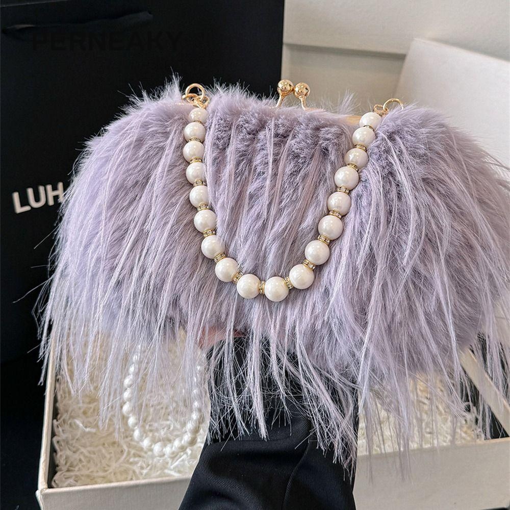 Perneaky กระเป๋าสะพายตุ๊กตา, Pearl Chain Furry Tote กระเป๋าถือ,แฟชั่นพู่ยาว Faux Fur ความจุขนาดใหญ่ Commutting กระเป๋าสําหรับผู้หญิงสาว