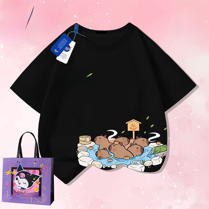 กลางเด็กใหญ่การ์ตูนพิมพ์ผ้าฝ้ายเสื้อยืดน่ารัก คาปิบาระ เด็กสาวเสื้อแขนสั้น