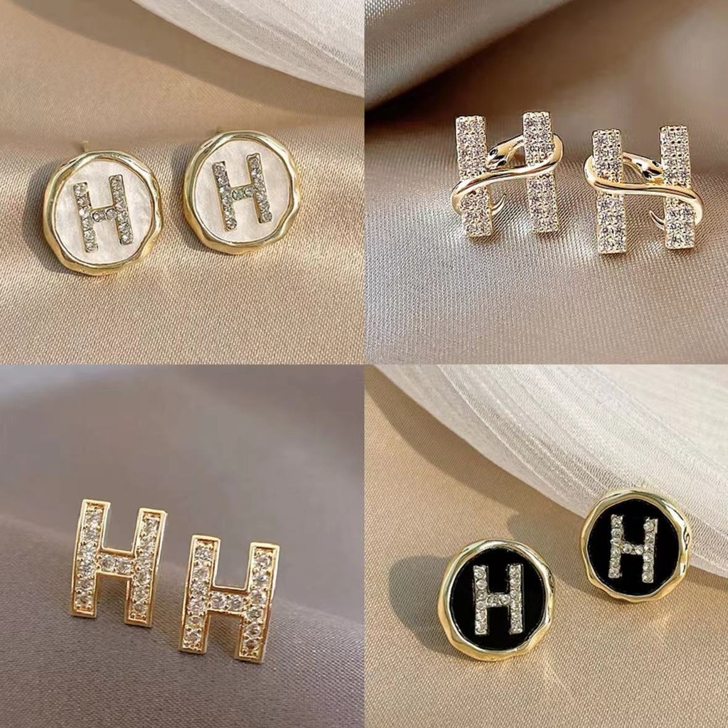 ต่างหูเกาหลี Simple H Letter ต่างหูแฟชั่น S925 เงิน