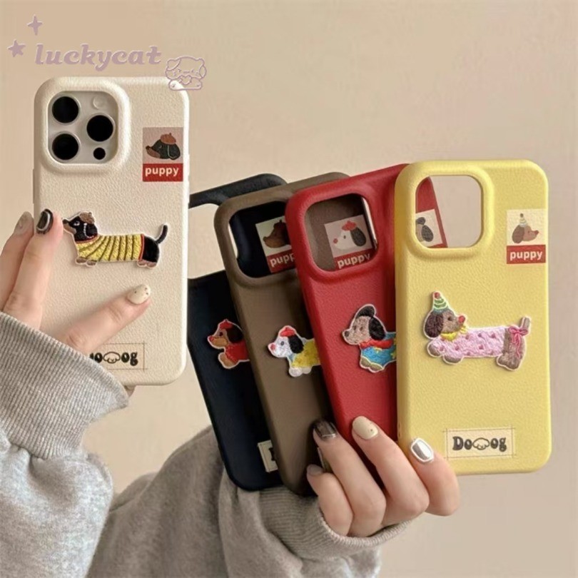 I1phone 16 15 14 13 12 11 Pro Max X Xr Xs Maxเคสโทรศัพท์3D DIY Candyน่ารักสวมหมวกสุนัขสีลูกกวาดหนังนุ่มปกหลัง