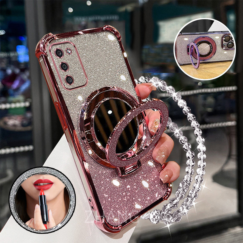 เคสสําหรับ Samsung A02S A03S เคสโทรศัพท์กันกระแทก 3D ที่วางกระจกแต่งหน้าสร้อยข้อมือใหม่เคสนิ่ม