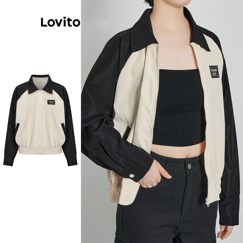 Lovito แจ็กเก็ตผู้หญิง ลายบล็อกสี สีพื้น สไตล์ลำลอง L62ED074 (สีดำ และ สีขาว)