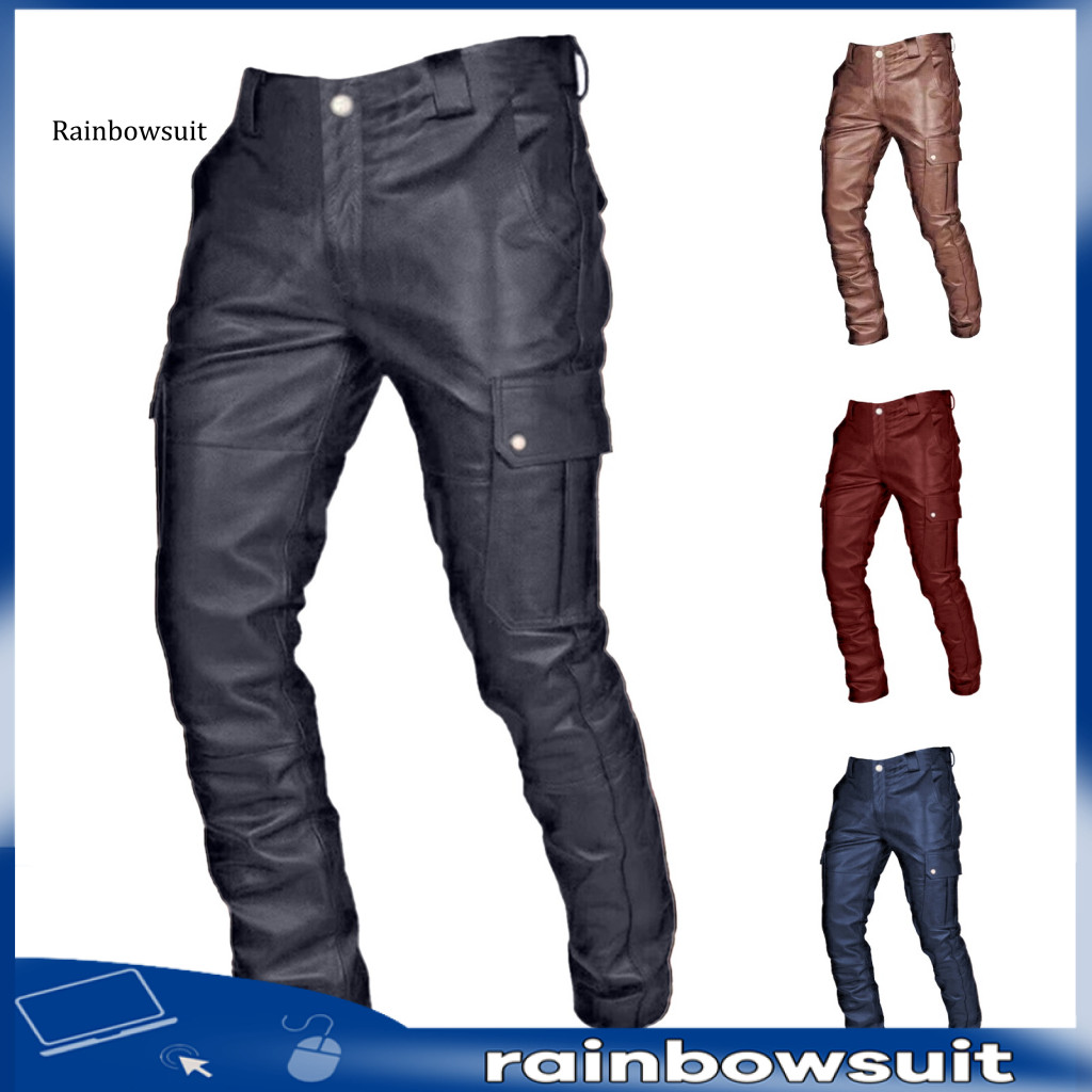 [รบี] สีทึบด้านล่างซิปและปุ่มกางเกงผู้ชายกางเกงหนังเทียมกับหลายกระเป๋าสลิมฟิตสไตล์ถนนไนท์คลับกางเกงแฟชั่นอินเทรนด์สําหรับเอเชียตะวันออกเฉียงใต้