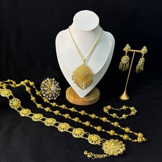 ชุดเครื่องประดับไทย สไตล์โบราณ สีทอง สร้อยคอ+ต่างหู สวมใส่กั…