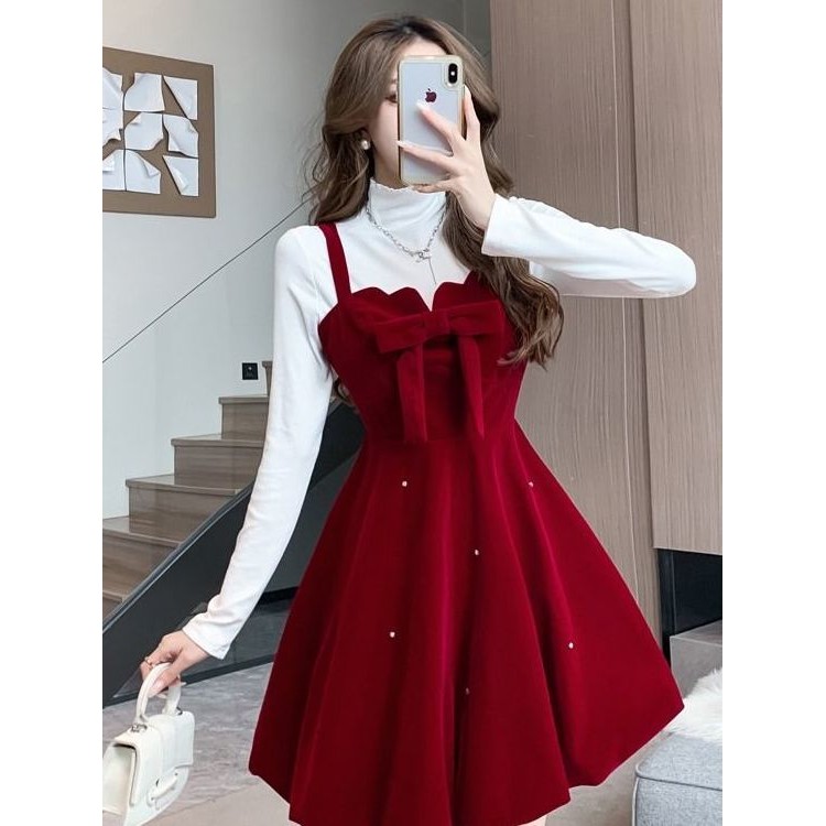 พร้อมสต็อกคริสต์มาสปีใหม่สวมใส่กํามะหยี่ฝรั่งเศสโบว์ชุดสลิงหญิงฤดูใบไม้ร่วงฤดูหนาวแคบ-เอวเจ้าหญิงหน่อ กระโปรงชั้นใน