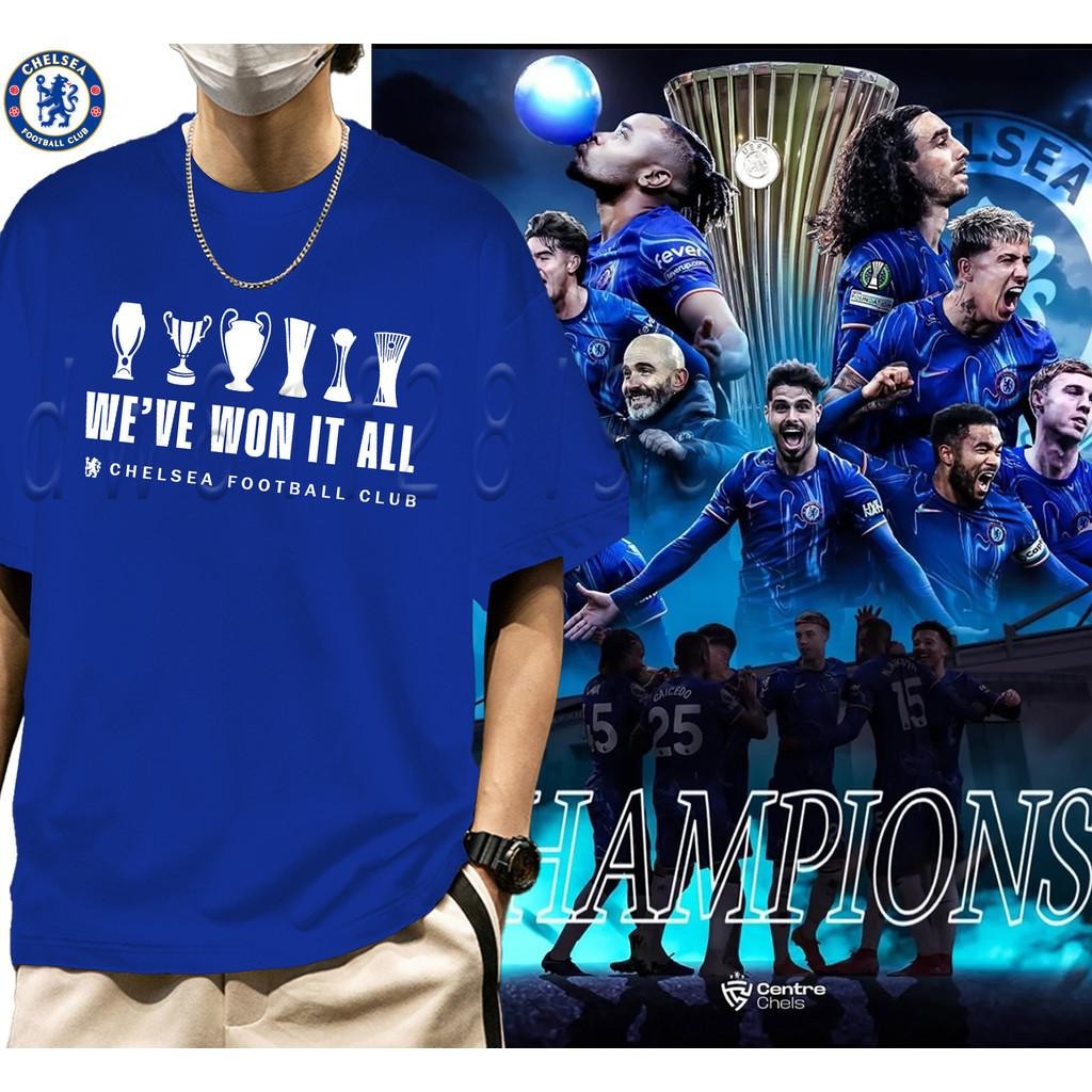 เสื้อยืด Chelsea Champion Europa League 2025 รุ่นพิเศษ ยุโรปแกรนด์สแลม เสื้อแฟนบอลใส่เที่ยวได้ชายหญิ
