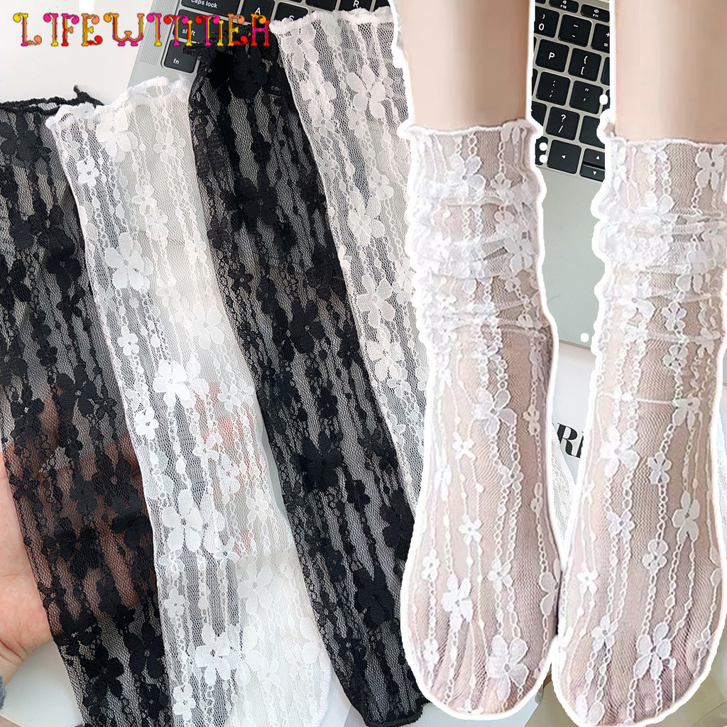 [INFASHION]ถุงเท้าตาข่ายระบายอากาศพร้อมขอบลูกไม้ ลายดอกไม้ เจเค หวาน | สวมใส่ได้ทุกวัน สไตล์แฟชั่น ไม่จำกัดเพศ | ชุด 1/2 คู่