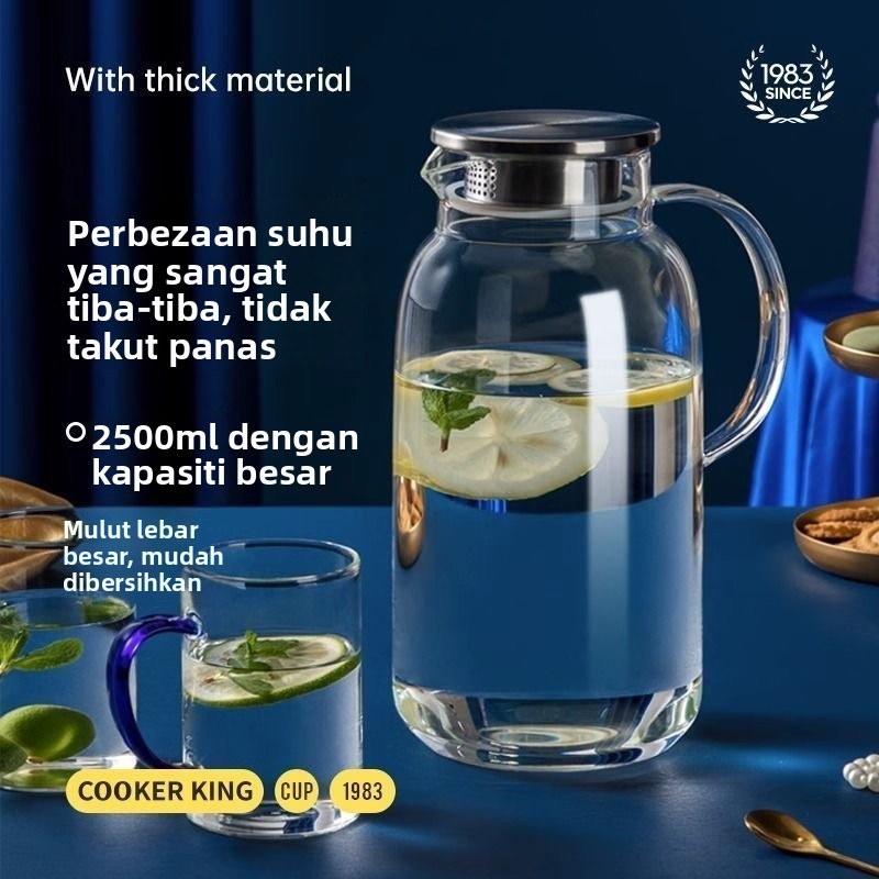 กาต้มน้ําแก้วขนาดใหญ่พิเศษ 2500 มล. - เหยือกน้ําเย็นไฟโดยตรงทนความร้อนสําหรับเก็บน้ําเย็นและน้ําร้อน | ดีไซน์นอร์ดิก ใส่ถ้วย 8-10