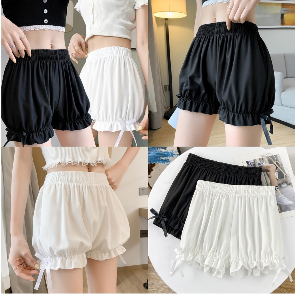 🌸Mary🌸กางเกงขาสั้น ขาวดำ เอวยางยืด ผ้านิ่ม ทรงพอง แต่งโบว์ กางเกงซับในกันโป๊ น่ารักๆ ใส่สบาย#KK360