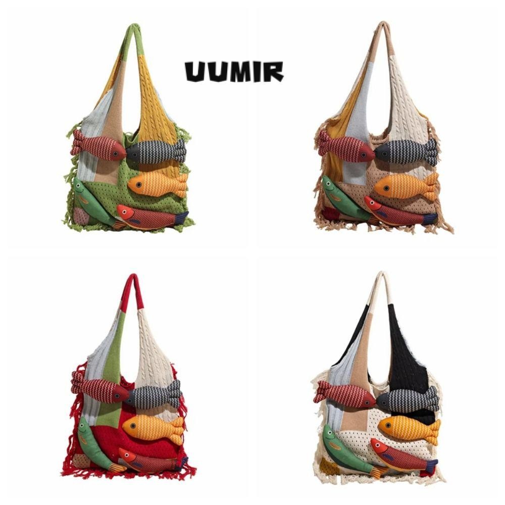 UUMIR กระเป๋าสะพายไหล่, กระเป๋าโท้ทอเนกประสงค์แฮนด์เมดความจุขนาดใหญ่, ผ้าฝ้ายฤดูร้อนน่ารักกระเป๋าถือปลาน้อยน่ารัก Casual Outing