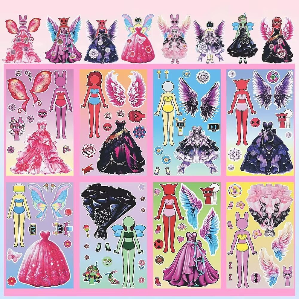 8PCS ใหม่ Sprunki Dress Up สติกเกอร์สร้างสรรค์เจ้าหญิงกระโปรงสาวปริศนาของเล่นทําด้วยมือ DIY สติกเกอร์
