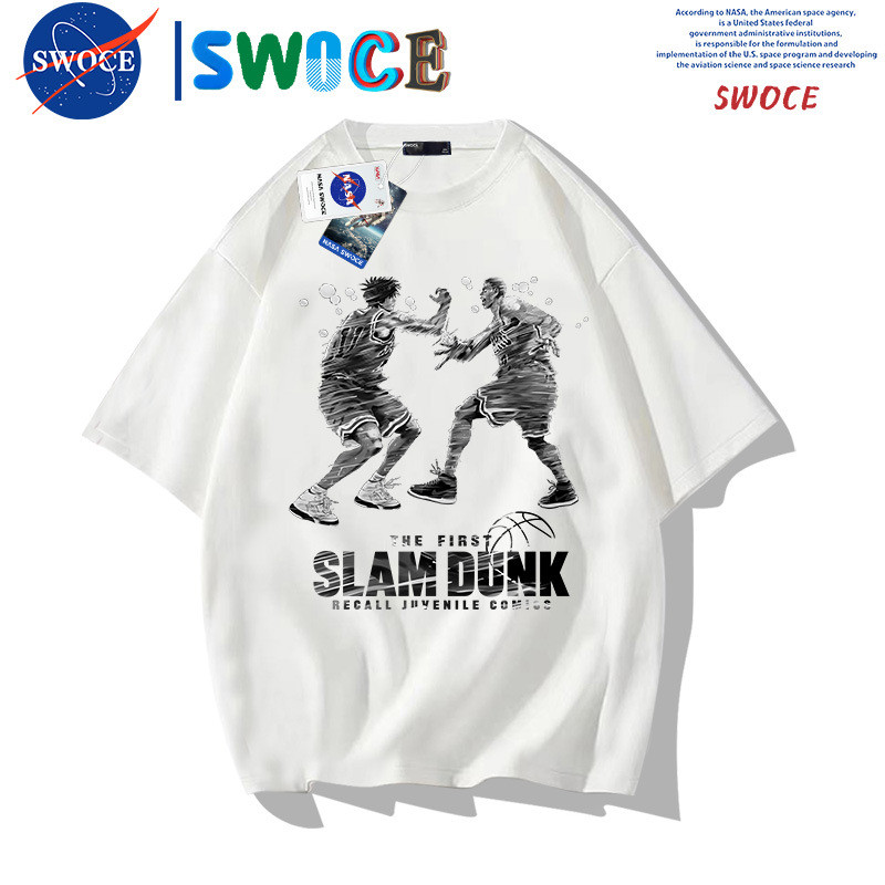 เสื้อยืดแขนสั้นลาย Slam Dunk Sakuragi & Rukawa ทำจากผ้าฝ้ายแท้ breathale สำหรับหนุ่ม ๆ ที่ชอบการ์ตูนและกีฬา