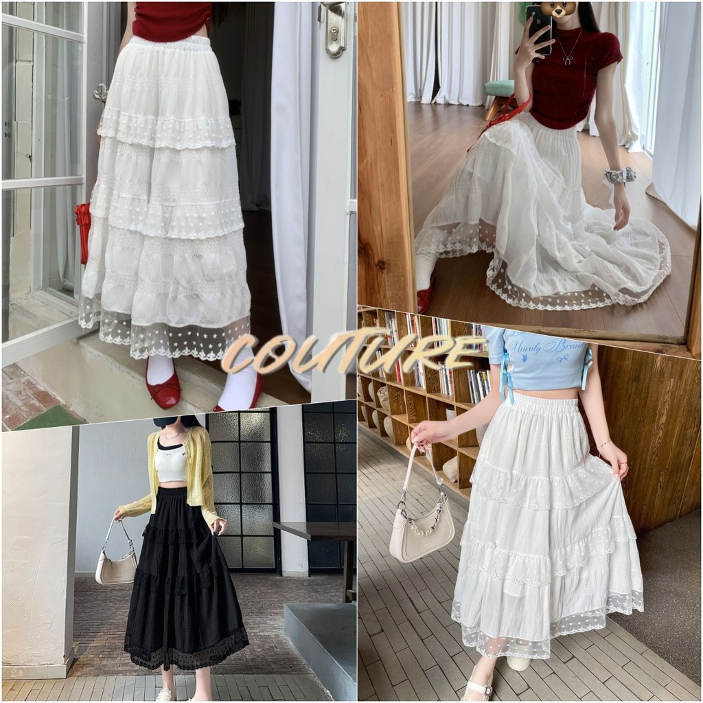 Couture (ส่งจากกรุงเทพฯ)เดรสกระโปรงขาว-ดำ สไตล์หรู เอวสูง ยาวปานกลาง กระโปรงลูกไม้ ใส่สบาย เอวยางยืด