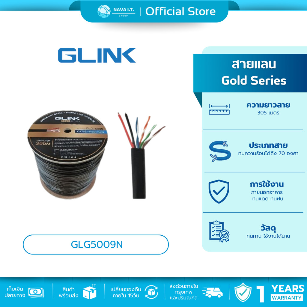 🛵มีส่งด่วน💨 GLINK GLG5009N OUTDOOR CABLE + POWER สายแลนภายนอกพร้อมไฟ CAT5E GOLD SERIES ความยาว 305เม