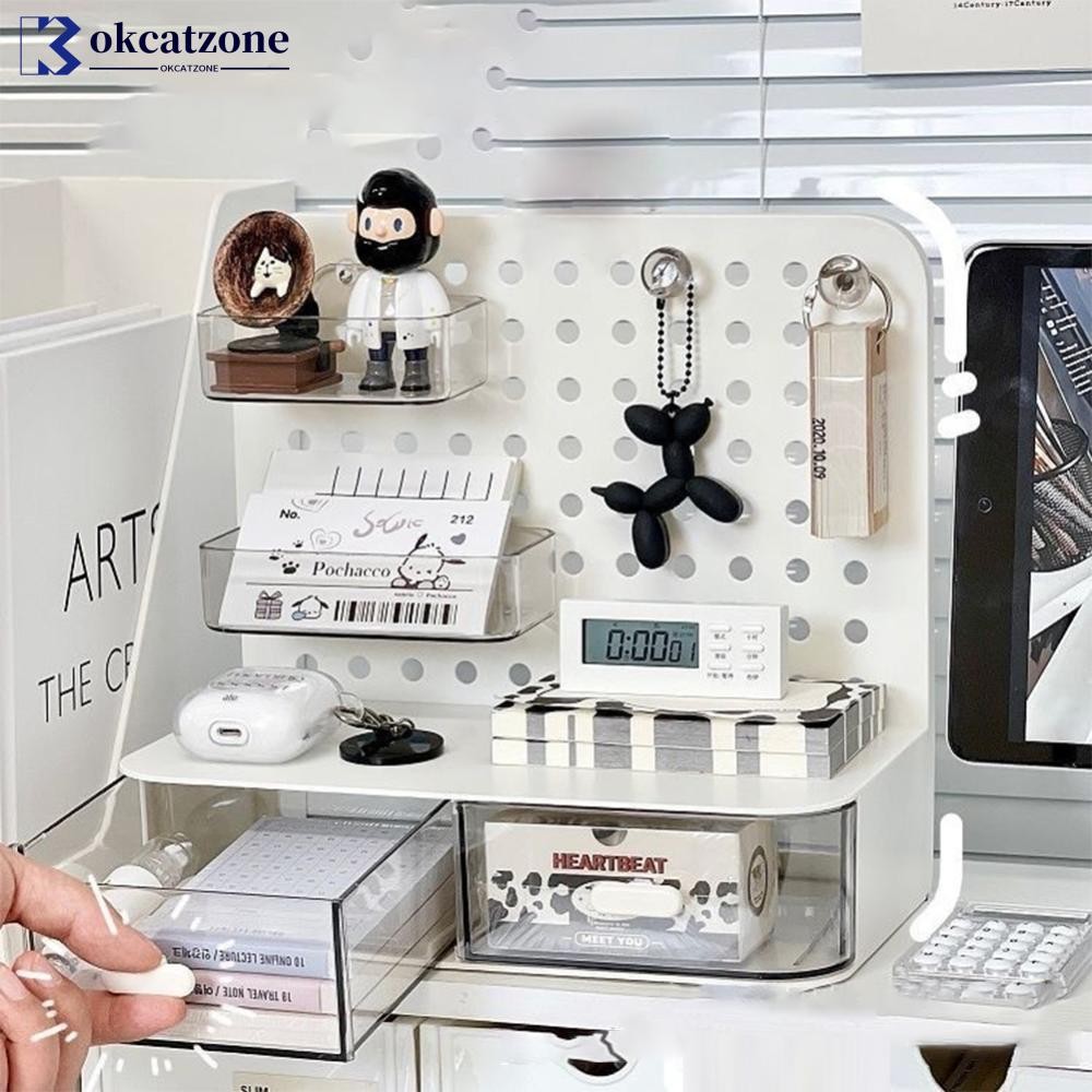 OKCATZONE เดสก์ท็อป Perforated Board กล่องเก็บเครื่องเขียน Sorting Rack โต๊ะสํานักงานเครื่องสําอางชั