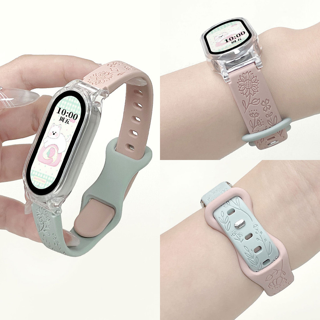 สายรัดซิลิโคนสลักลายดอกทานตะวันพร้อมเคสสำหรับ Xiaomi Smart Band 10 9 8 สายนาฬิกาสมาร์ท NFC สายรัดข้อมือทดแทนสำหรับ Xiaomi Mi Band 10 9 8
