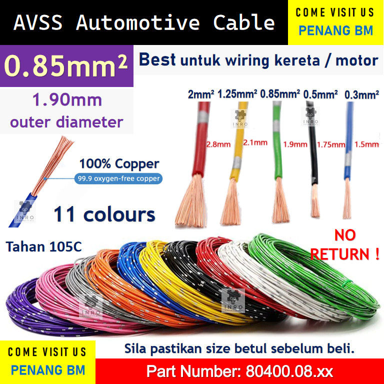 [1 เมตร] Wayar Automotif 0.85mm2 JAPAN AVSS 0.3 0.5 0.85 1.25 MM2 PURE COPPER ANTI FLAME AUTO WIRE C
