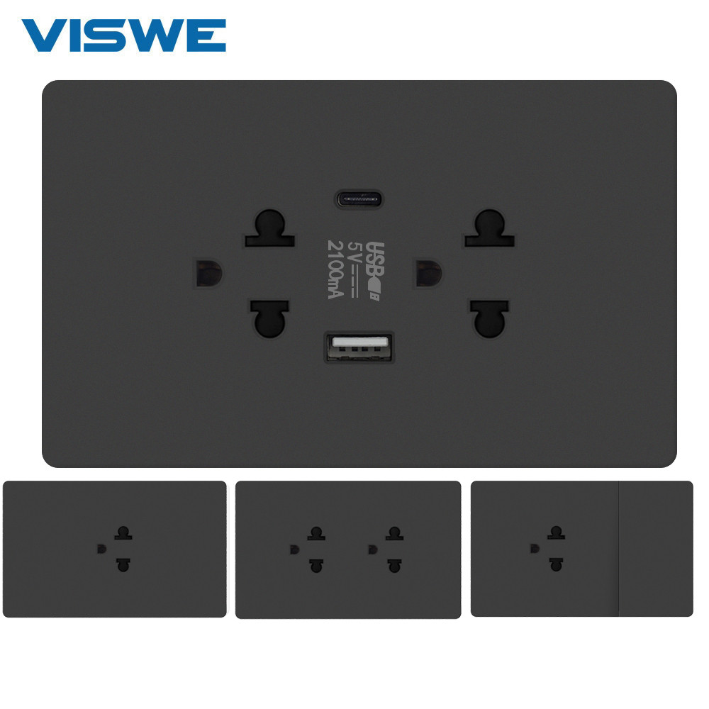 VISWE ซ็อกเก็ตผนัง USB และสวิตช์ไฟ สีดำ แบบเดี่ยว วัสดุพลาสติกบางเฉียบ ซีรีย์ KH1