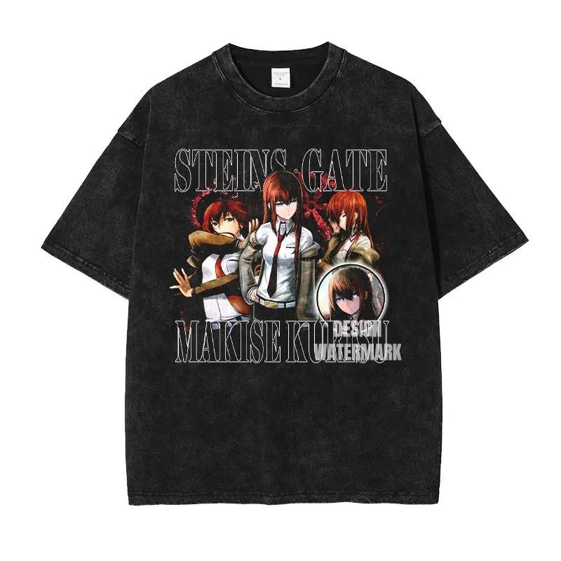 อะนิเมะ เสื้อยืด Makise Kurisu ขนาดใหญ่ สไตล์วินเทจ ซักแล้ว เสื้อยืด S-Steins Gate มังงะ ฮาราจูกุ Sh