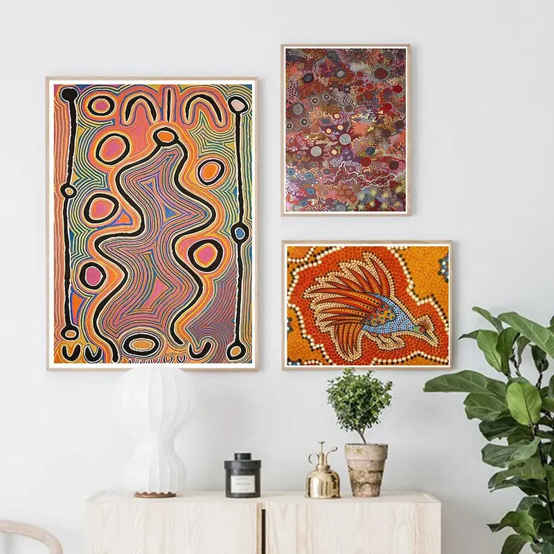 บทคัดย่อ Aboriginal Art พิมพ์ Gallery โปสเตอร์ผ้าใบภาพวาด Wall Art Vintage Wall รูปภาพห้องนั่งเล่นตก