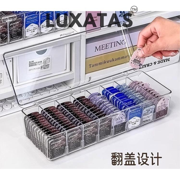 Luxatas Acrylic PET Flip-cover พาร์ทิชันกล่องเก็บคอนแทคเลนส์สีแบบใช้แล้วทิ้งทุกวัน