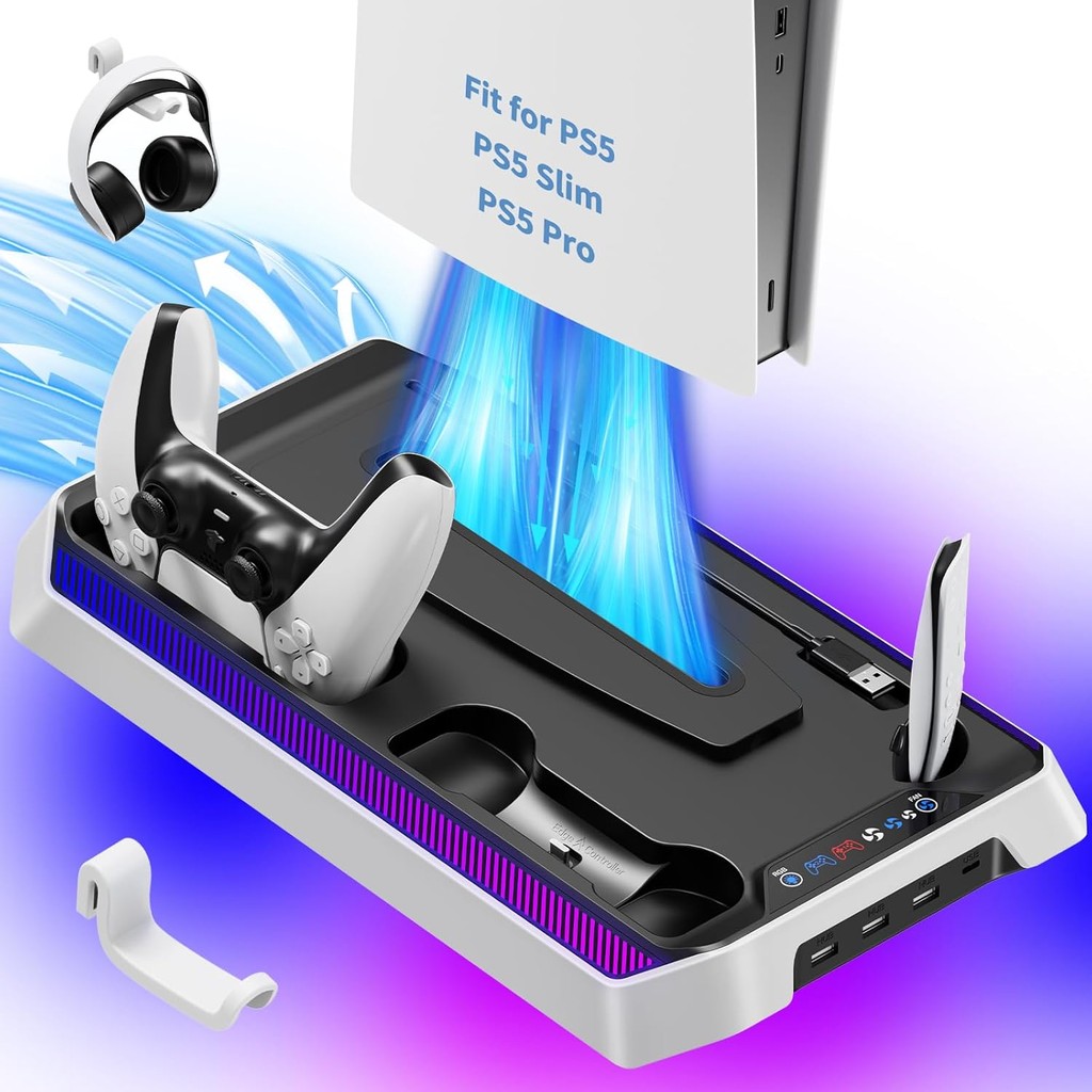 สถานีระบายความร้อนสําหรับ PS5/Slim/Pro Disc/Digital Edition, สถานีชาร์จเข้ากันได้กับ PlayStation 5 พัดลม 3 ระดับในตัวและเครื่องชาร์จคอนโทรลเลอร์ PS5 คู่, ขาตั้งพร้อมไฟ RGB