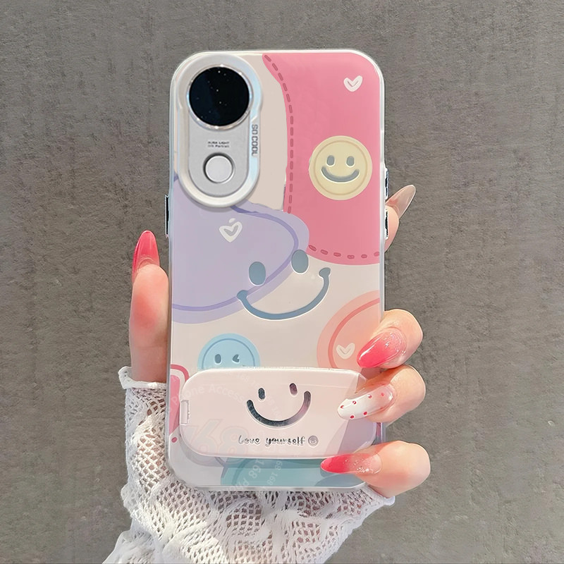 เคส Vivo V50 เคส Vivo V50 Lite Case เคสน่ารักสีสันยิ้มด้านกันกระแทกกรณีกระจกโทรศัพท์ขาตั้งเคสสําหรับเด็กผู้หญิงนักเรียนผู้หญิง